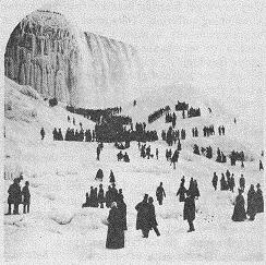 Early century, wintertime photo of visitors on frozen Niagra Falls